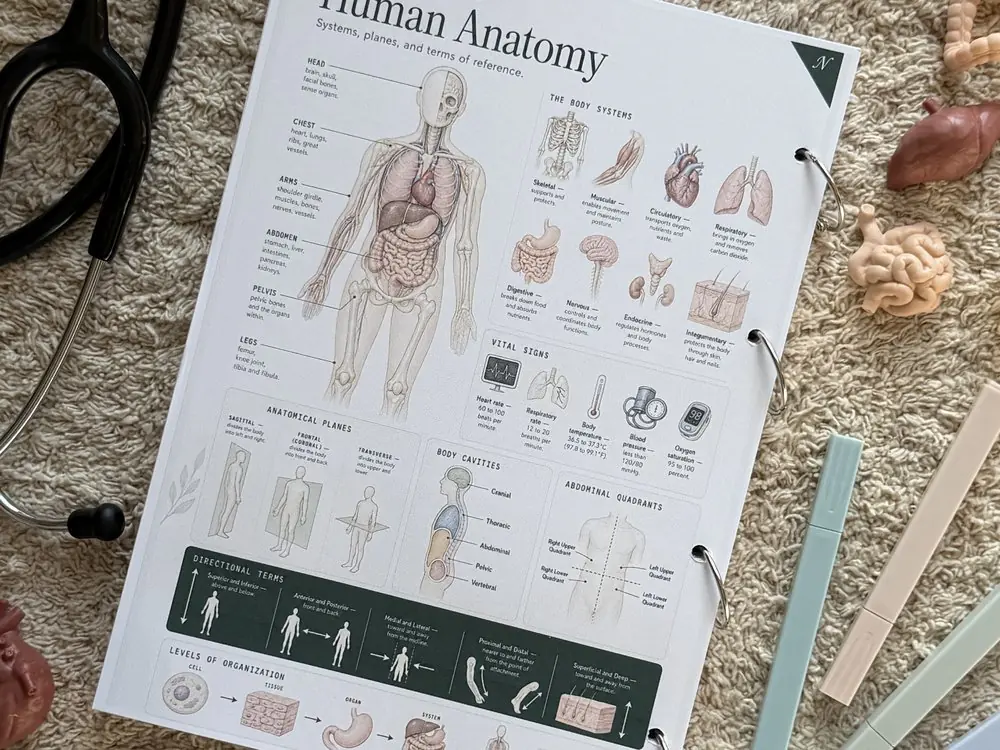 A printed copy of the Nursing Plan, open at the Human Anatomy plate