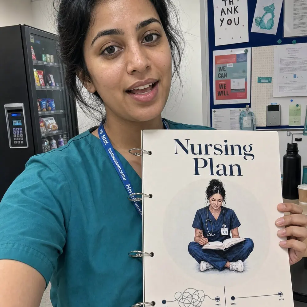A nurse holding her copy of the Nursing Plan in the break room